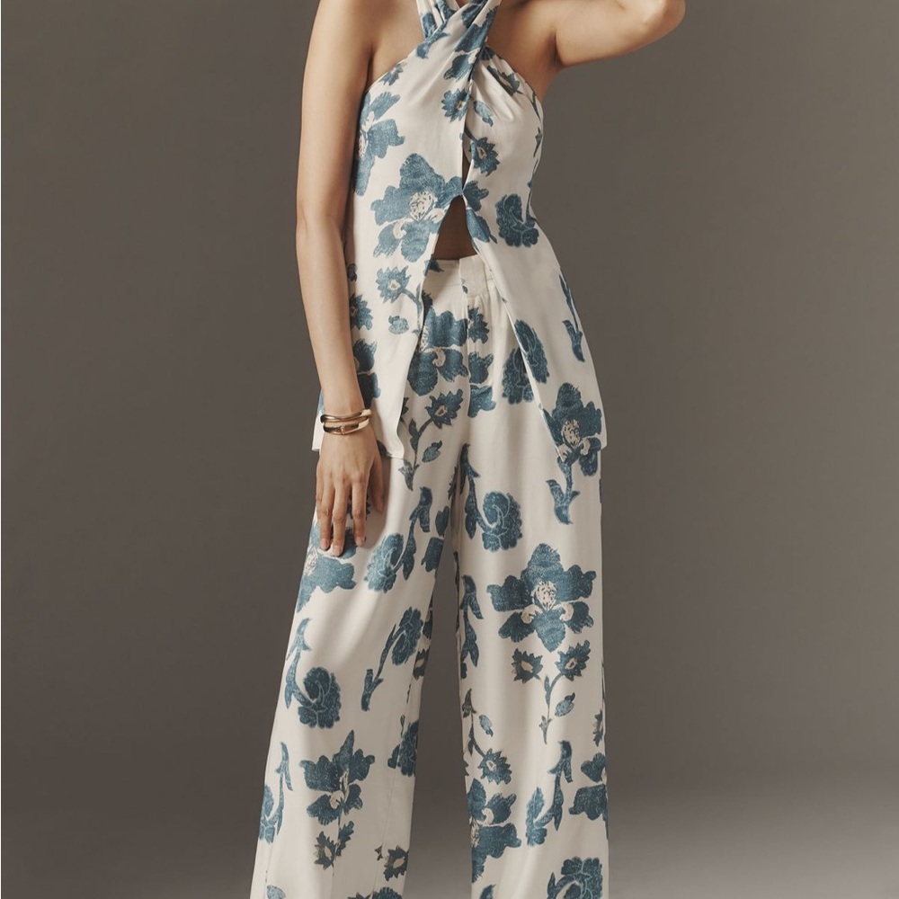 Anthropologie Blue Floral Halter Jumpsuit
